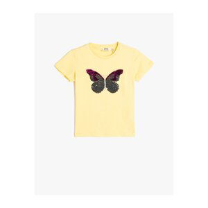 Koton T-Shirt Crew Neck Short Sleeve Butterfly Sequin Embroidered Cotton