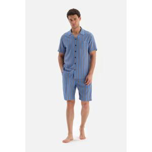 Dagi Blue Shirt Collar Striped Shorts Woven Pajamas Set