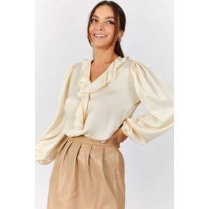 armonika Women's Cream Collar Ruffled Shoulder Gathered Sleeve Elastic Cotton Satin Blouse