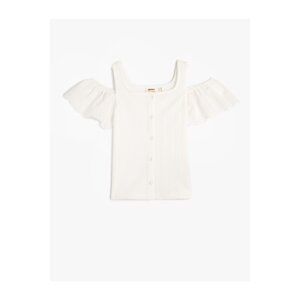 Koton T-Shirts With Frills Window Detail Buttons Round Neck Textured.