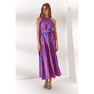 Olalook Women's Zebra Fuchsia Halterneck Belted Woven Viscose Dress