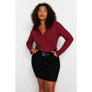 Trendyol Curve Claret Red Fitted Ribbed Shirt Collar Snap Fastener Knitted Body