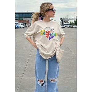 Madmext Beige Printed Oversized T-Shirt