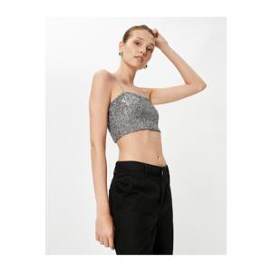 Koton Sequined Crop Top Thin Straps Square Collar