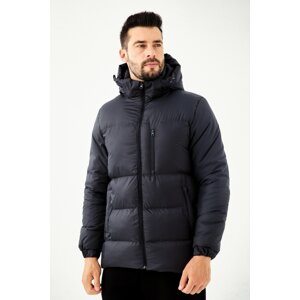 River Club Men's Navy Blue Fibrous Hooded Water And Windproof Puffer Winter Coat