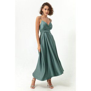 Lafaba Women's Turquoise Rope Strap Waist Belted Satin Midi Evening Dress & Graduation Dress