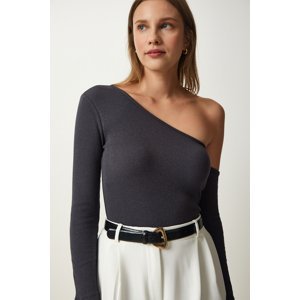 Happiness İstanbul Women's Anthracite Open Shoulder Corded Knitted Blouse