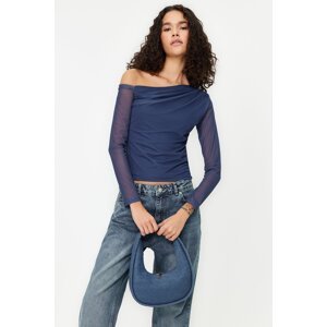 Trendyol Indigo Tulle Lined Asymmetrical Collar Knitted Blouse