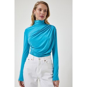 Happiness İstanbul Women's Turquoise Gathered Detailed High Neck Sandy Blouse