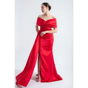 Lafaba Women's Red Boat Neck Slit Long Evening Dress