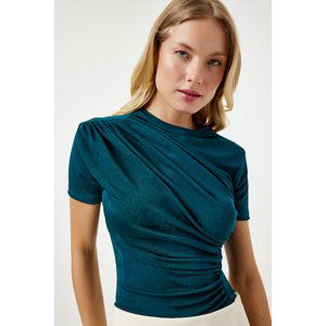 Happiness İstanbul Women's Emerald Green Gathered Detailed Viscose Blouse