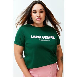 Trendyol Curve Dark Green Slogan Printed Boyfriend Knitted T-shirt