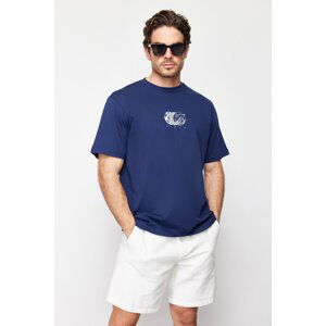 Trendyol Navy Blue Relaxed/Comfortable Fit Printed 100% Cotton T-Shirt