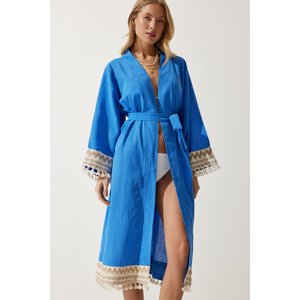 Happiness İstanbul Women's Blue Tassel Guipure Detail Long Linen Kimono