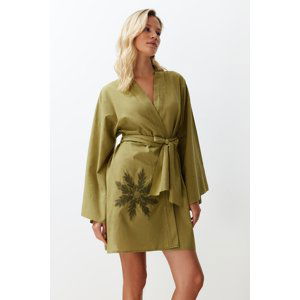 Trendyol Green Belted Mini Woven Embroidered 100% Cotton Kimono&Kaftan