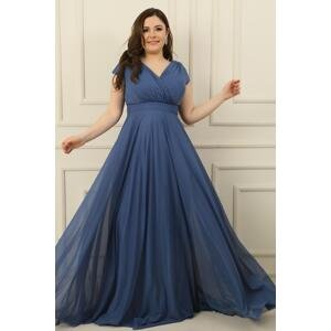 By Saygı Double Breasted Neck Lined Nail Sleeve Full Circle Flared Chiffon Tulle Plus Size Long Dress