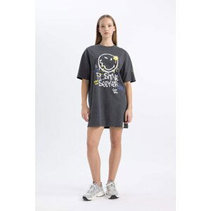 DEFACTO Crew Neck Smiley Licence Mini Short Sleeve Knitted Dress