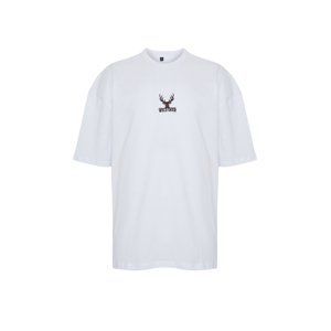 Trendyol Men's White Oversize Deer Embroidery 100% Cotton T-Shirt