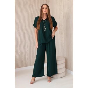 Set with necklace, blouse + trousers, dark green