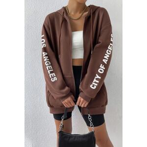 MODAGEN Women's Brown Sleeve Los Angeles Printed Detailed Hooded Cardigan