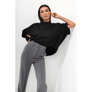 Oversized kimono blouse with stand-up collar, black