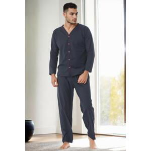 J4425 Dewberry Mens Buttoned Long Sleeve Pyjama Set-NAVY BLUE