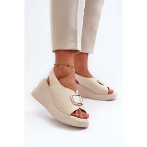 Women's leather wedge sandals with embellishments, beige Salvania