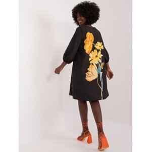 Black trapeze dress with floral print