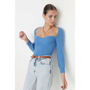 Trendyol Blue Crop Heart Golier Pletený sveter