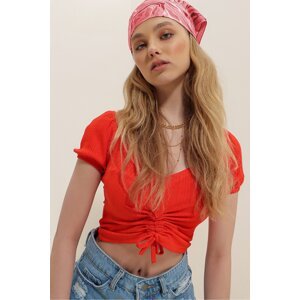 Trend Alaçatı Stili Women's Coral V-Neck Shirred Short Sleeve Crop Top