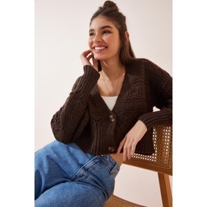 Happiness İstanbul Women's Brown Patterned V-Neck Knitwear Cardigan