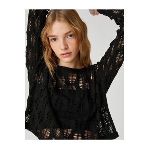 Koton Long Sleeved T-Shirt with Fishnet Openwork Crew Neck.