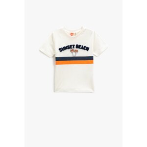 Koton Short-Sleeved Printed T-Shirt with Appliques Detailed Crew Neck.