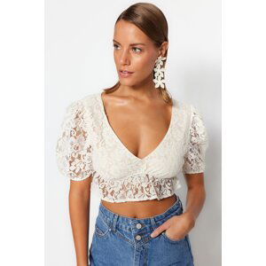 Trendyol Ecru Crop Knitted Balloon Sleeve Blouse