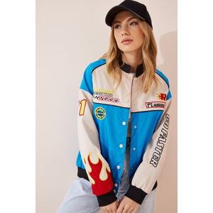 Happiness İstanbul Women's Blue Racing Patched College Bomber Jacket