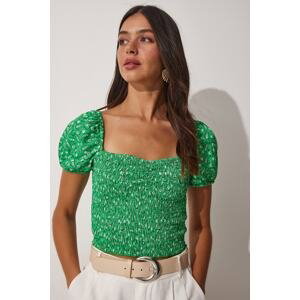 Happiness İstanbul Women's Green Floral Pleated Carmen Collar Crop Knitted