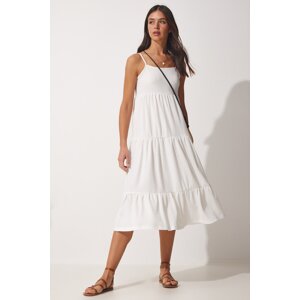 Happiness İstanbul Women's White Halter Pleated Summer Knitted Dress