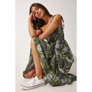 Happiness İstanbul Women's Green Floral Viscose Summer Dress with Straps