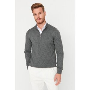 Trendyol Gray Slim Fit Half Turtleneck Zipper Collar Cotton Smart Knitwear Sweater
