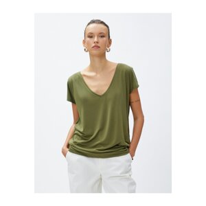 Koton V-Neck Basic T-Shirt with Slit Detail