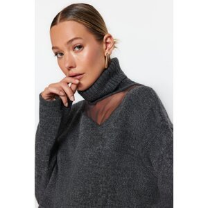 Trendyol Anthracite Soft Textured Tulle Detailed Knitwear Sweater