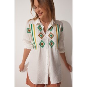 Happiness İstanbul Women's White Pearls Embroidery Oversized Airobine Shirt