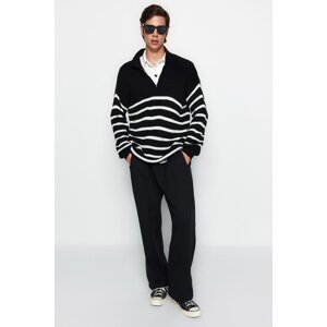 Trendyol Black Oversize Fit Wide Fit Polo Neck Striped Knitwear Sweater