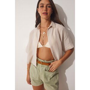 Happiness İstanbul Women's Cream Linen Crop Shirt