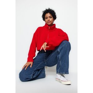 Trendyol Red Super Crop Pletený sveter na zips