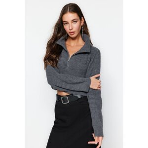 Trendyol Anthracite Super Crop Pletený sveter na zips