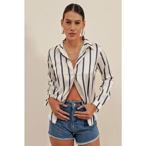 Bigdart 3964 Lightly Flowy Striped Satin Shirt - Navy Blue.