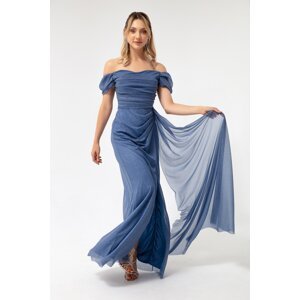 Lafaba Women's Indigo Boat Collar Draped Long Glittery Evening Dress with a Slit.