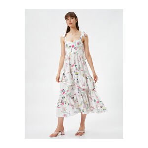 Koton Floral Dress Midi Tied Strappy Flounce Sweetheart Neck Bow Detailed
