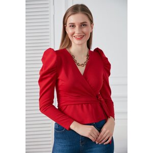 HAKKE Belted Waist Shoulder Detail Scuba Blouse